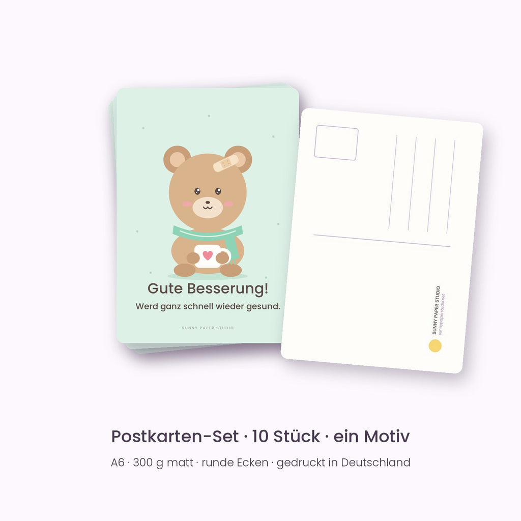 10er-Set Postkarten Bär „Gute Besserung!“, Vorder- und Rückseite
