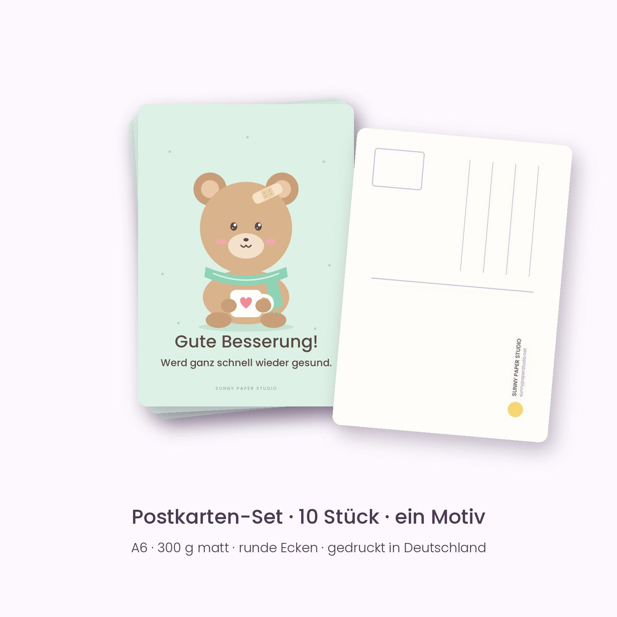 10er-Set Postkarten Bär „Gute Besserung!“, Vorder- und Rückseite
