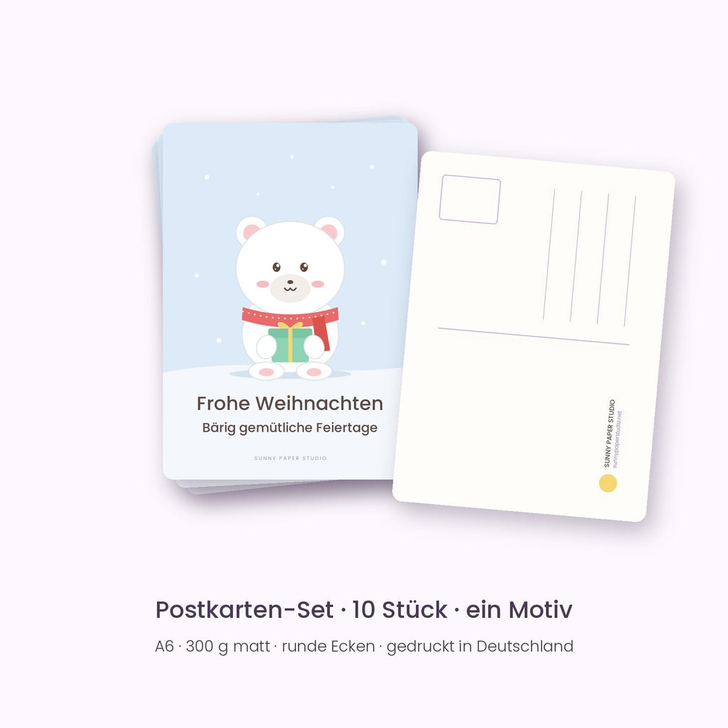 10er-Set Weihnachtspostkarten Eisbär – „Frohe Weihnachten“, Vorder- und Rückseite