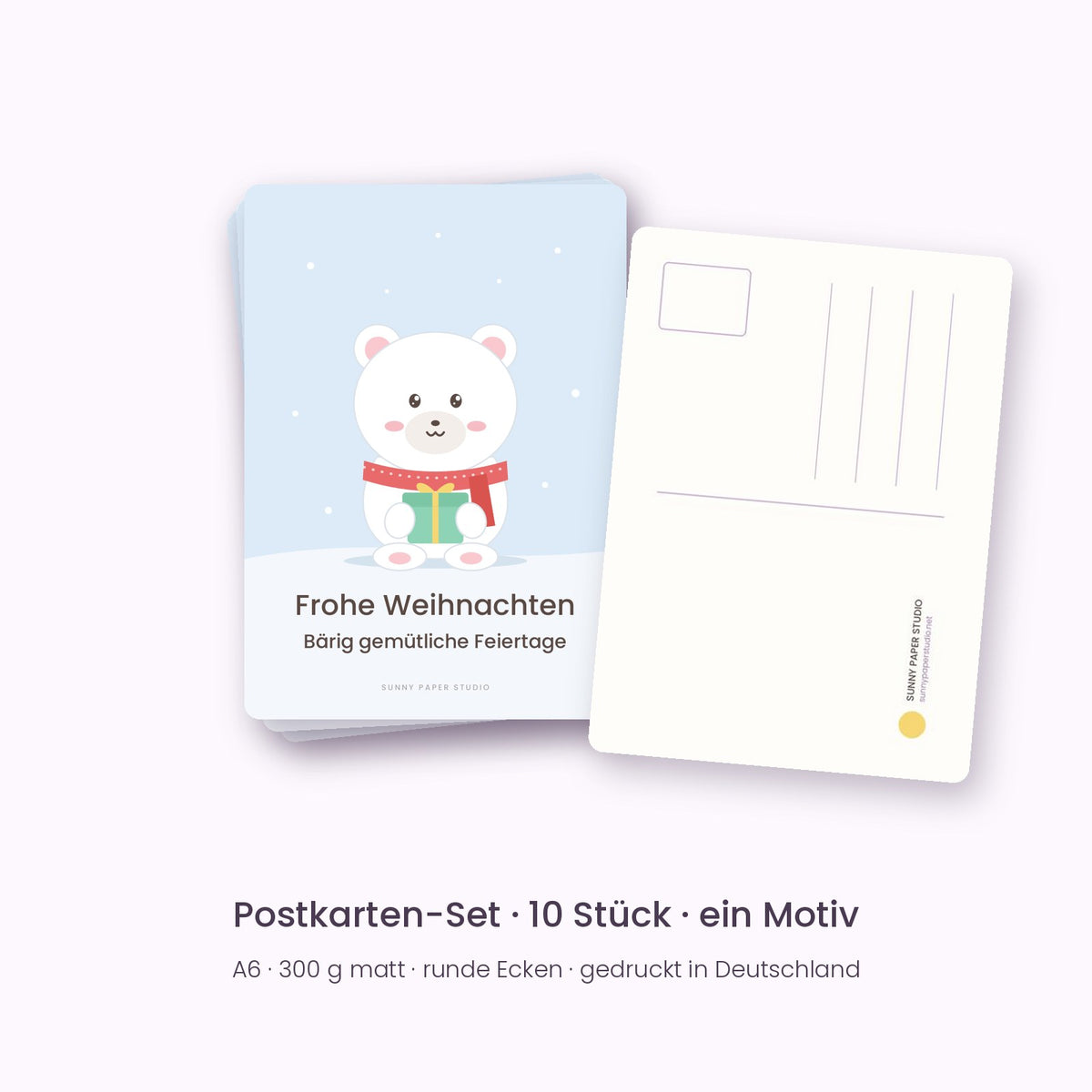 10er-Set Weihnachtspostkarten Eisbär – „Frohe Weihnachten“, Vorder- und Rückseite