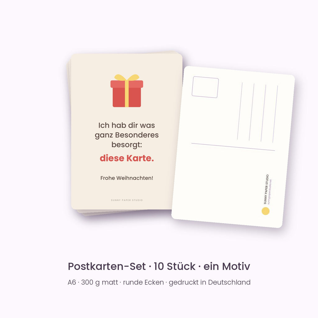10er-Set lustige Weihnachtspostkarten „Ich hab dir was ganz Besonderes besorgt: diese Karte.“, Vorder- und Rückseite