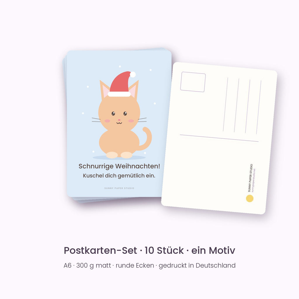 10er-Set Weihnachtspostkarten Katze – „Schnurrige Weihnachten!“, Vorder- und Rückseite