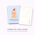 10er-Set Weihnachtspostkarten Katze – „Schnurrige Weihnachten!“, Vorder- und Rückseite