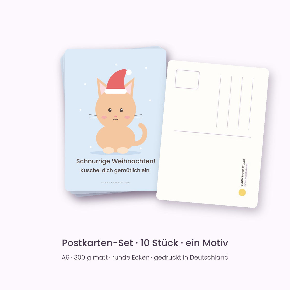 10er-Set Weihnachtspostkarten Katze – „Schnurrige Weihnachten!“, Vorder- und Rückseite