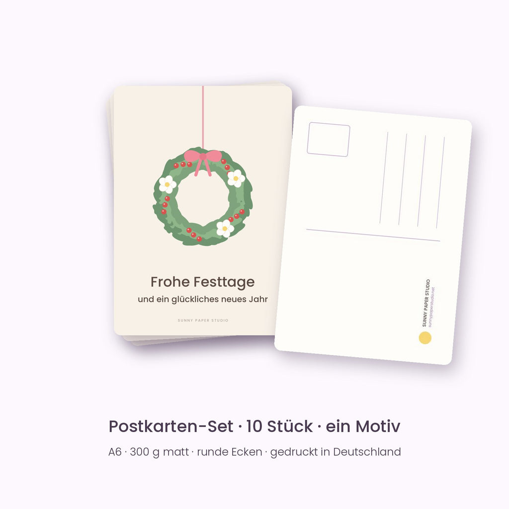 10er-Set Weihnachtspostkarten Winterkranz – „Frohe Festtage“, Vorder- und Rückseite