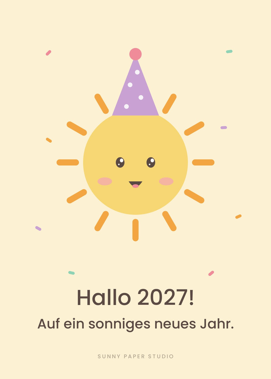 Neujahrspostkarte Sonne mit Partyhut „Hallo 2027!“
