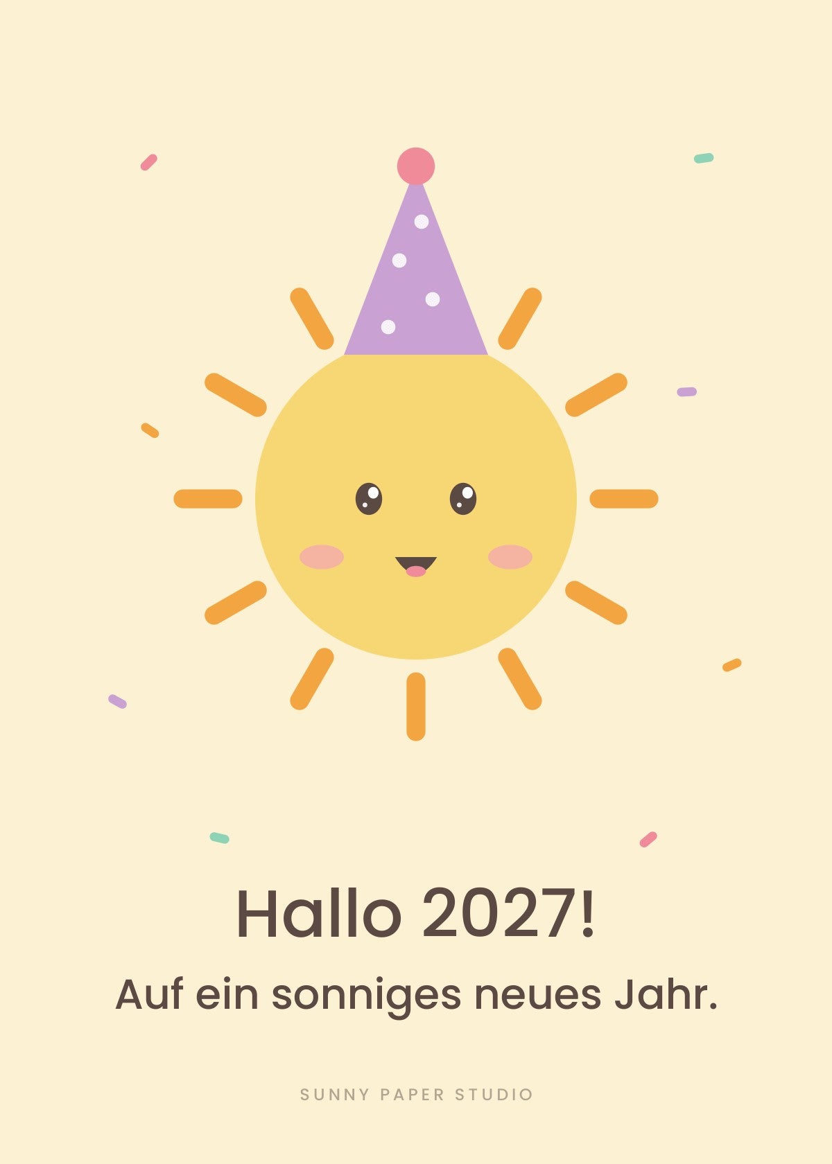 Neujahrspostkarte Sonne mit Partyhut „Hallo 2027!“