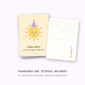 10er-Set Neujahrspostkarten Sonne „Hallo 2027!“, Vorder- und Rückseite