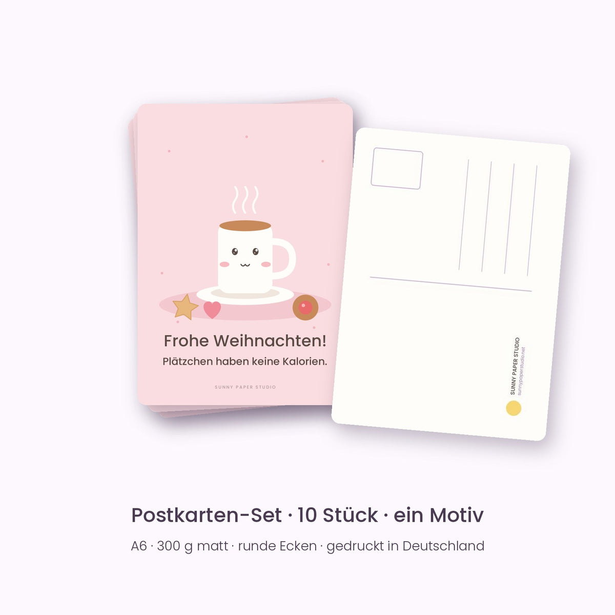 10er-Set Postkarten Kakaobecher & Plätzchen – „Plätzchen haben keine Kalorien.“, Vorder- und Rückseite