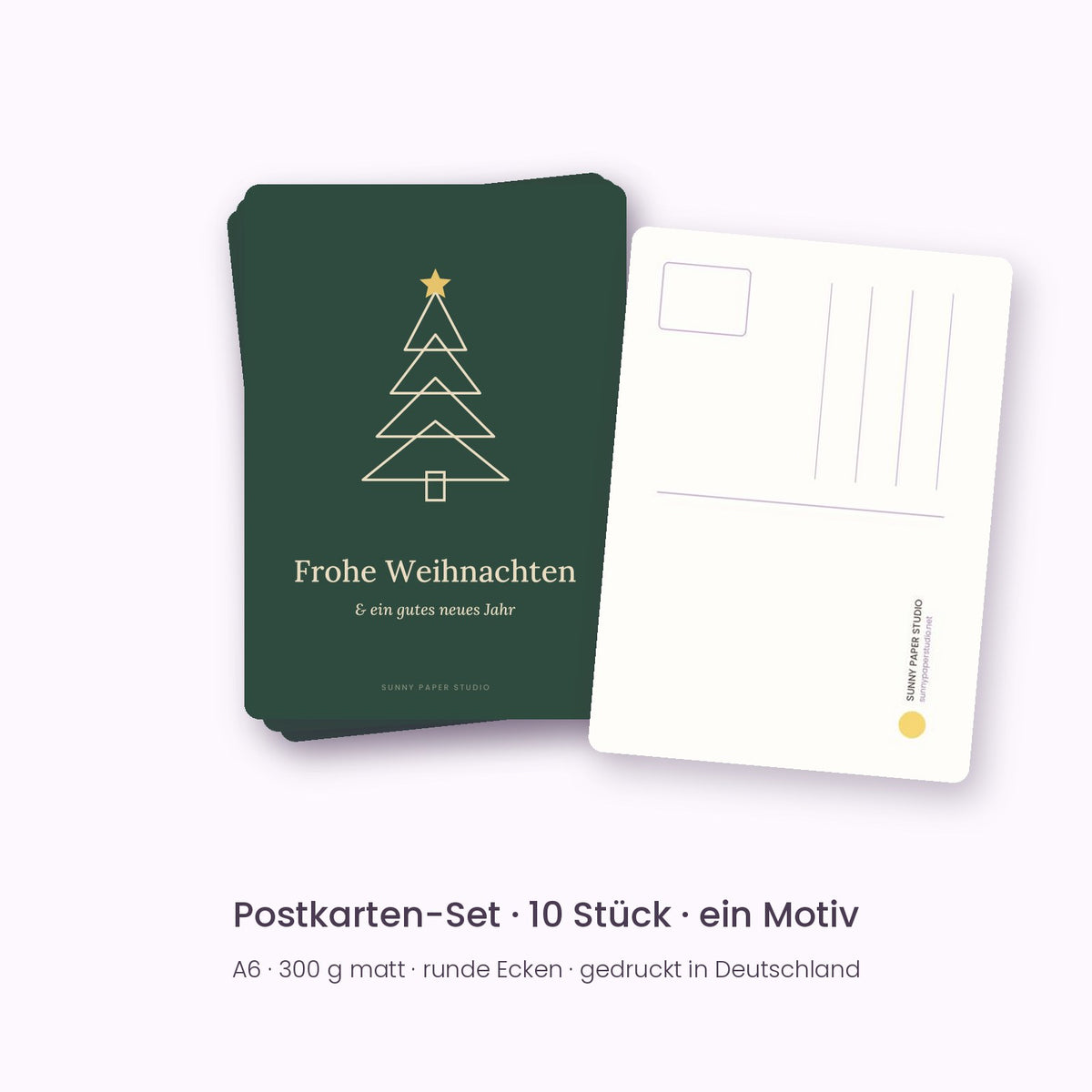 10er-Set Postkarten Tannenbaum in Gold – „Frohe Weihnachten & ein gutes neues Jahr“, Vorder- und Rückseite