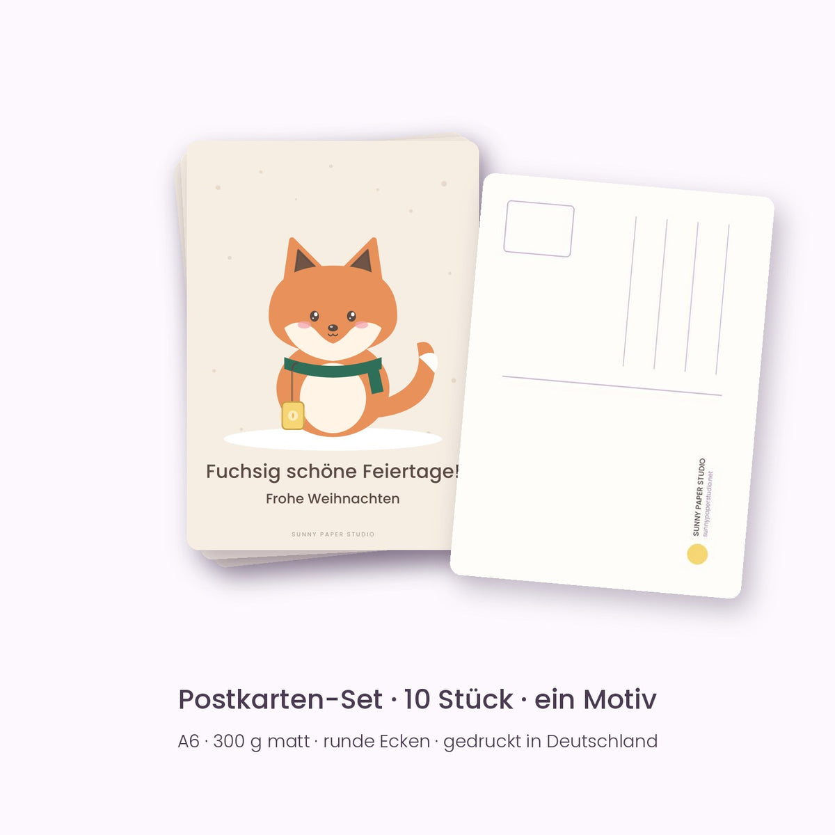 Postkarten-Set Fuchs – Fuchsig schöne Feiertage – Vorder- und Rückseite
