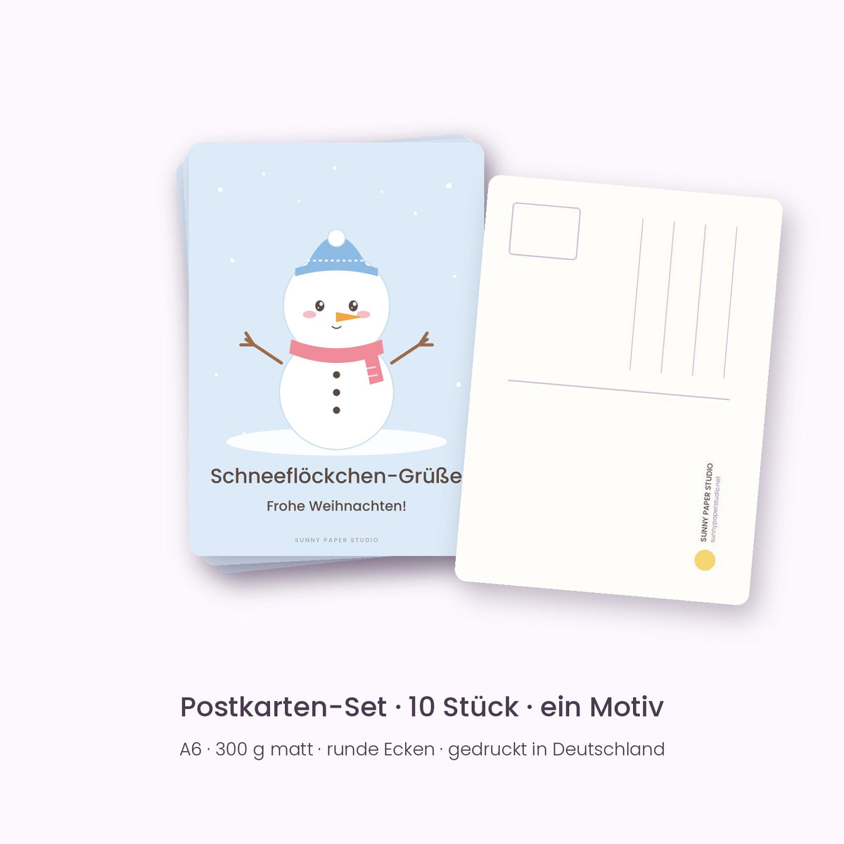 Postkarten-Set Schneemann – Schneeflöckchen-Grüße – Vorder- und Rückseite