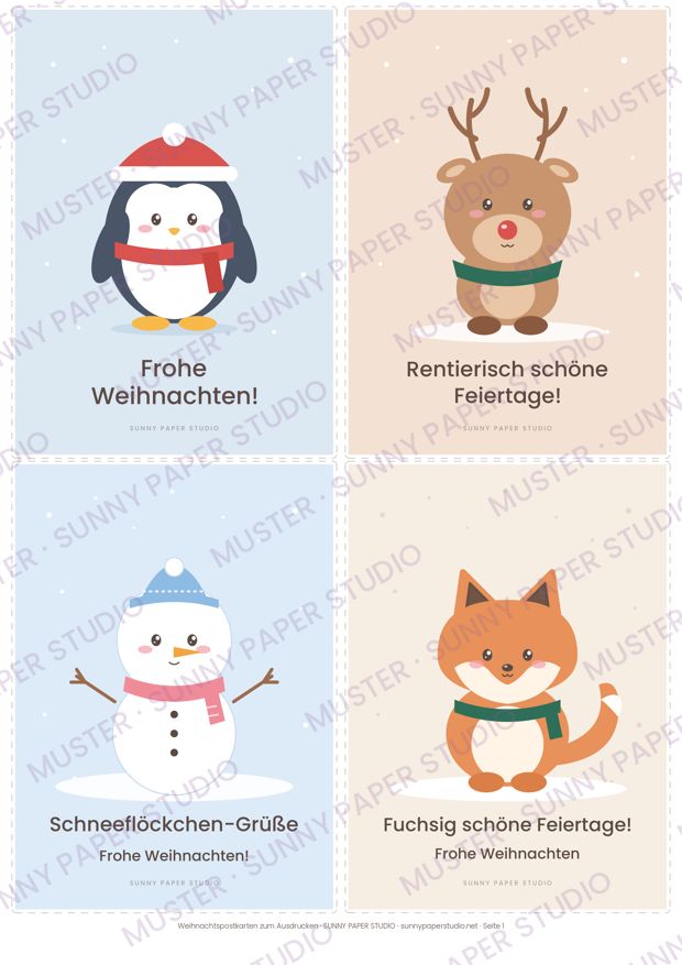 Vorschau Seite 1: Pinguin, Rentier, Schneemann, Fuchs (Muster)