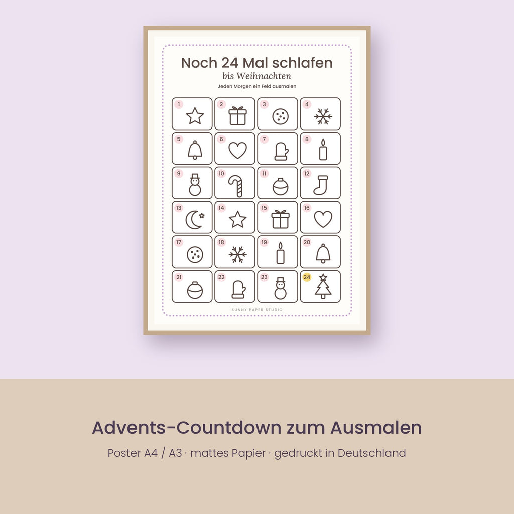 Advents-Countdown-Poster zum Ausmalen im Rahmen an der Wand