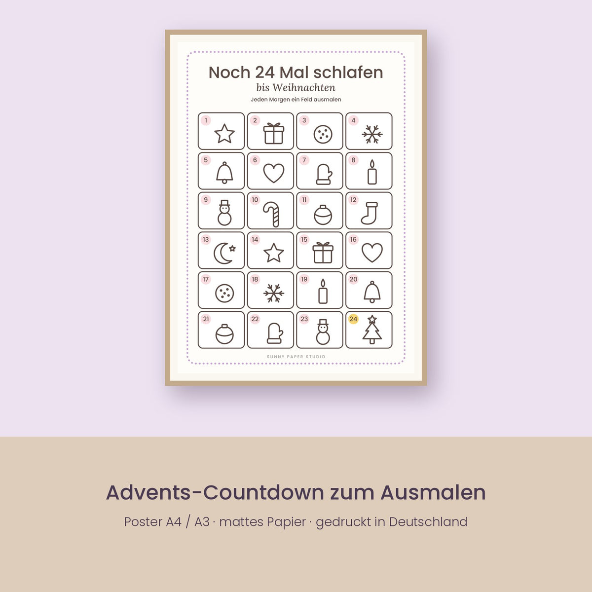Advents-Countdown-Poster zum Ausmalen im Rahmen an der Wand