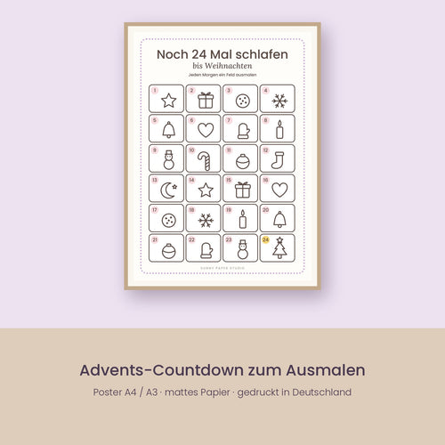 Advents-Countdown-Poster zum Ausmalen im Rahmen an der Wand