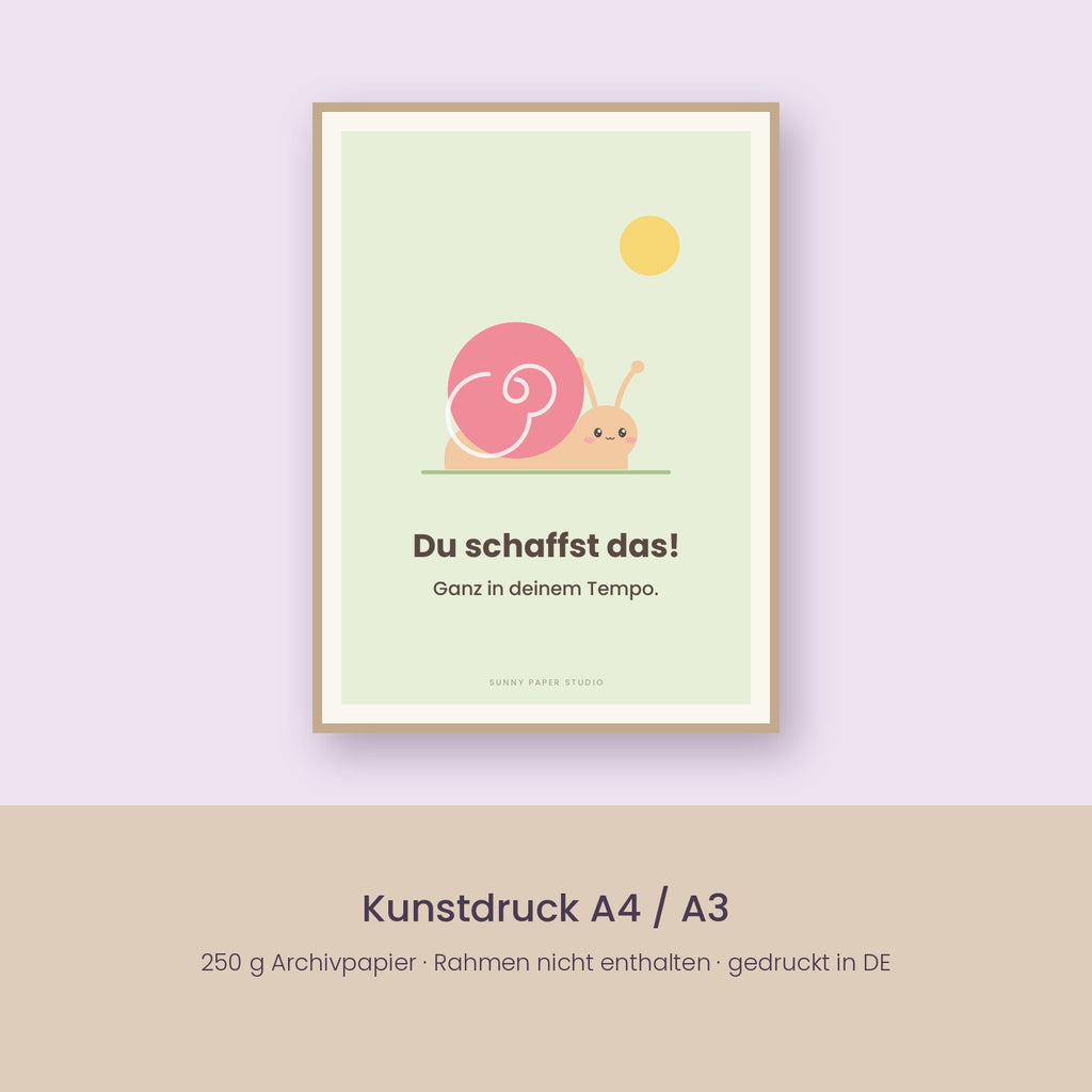 Kunstdruck Schnecke – Du schaffst das! im Rahmen an der Wand