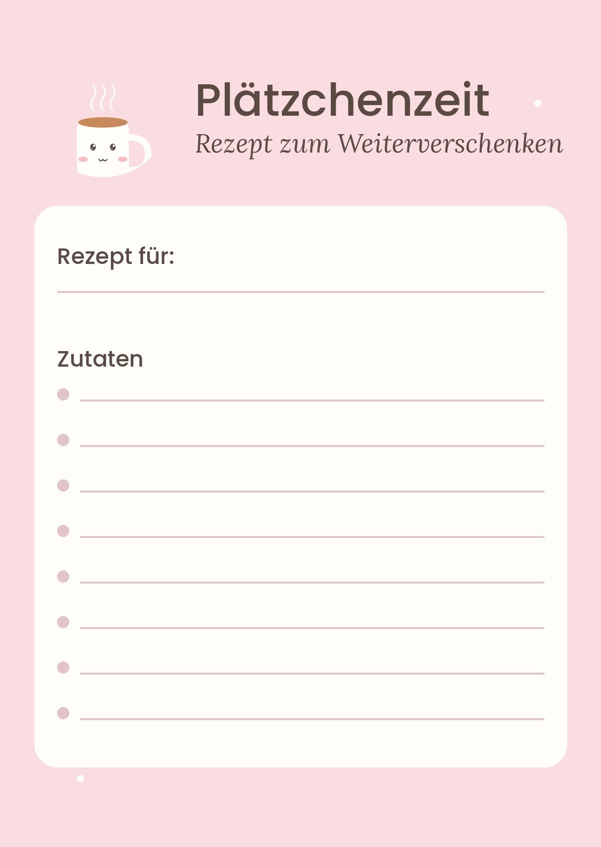 Rezeptkarte Plätzchenzeit mit Feldern für Rezeptname und Zutaten