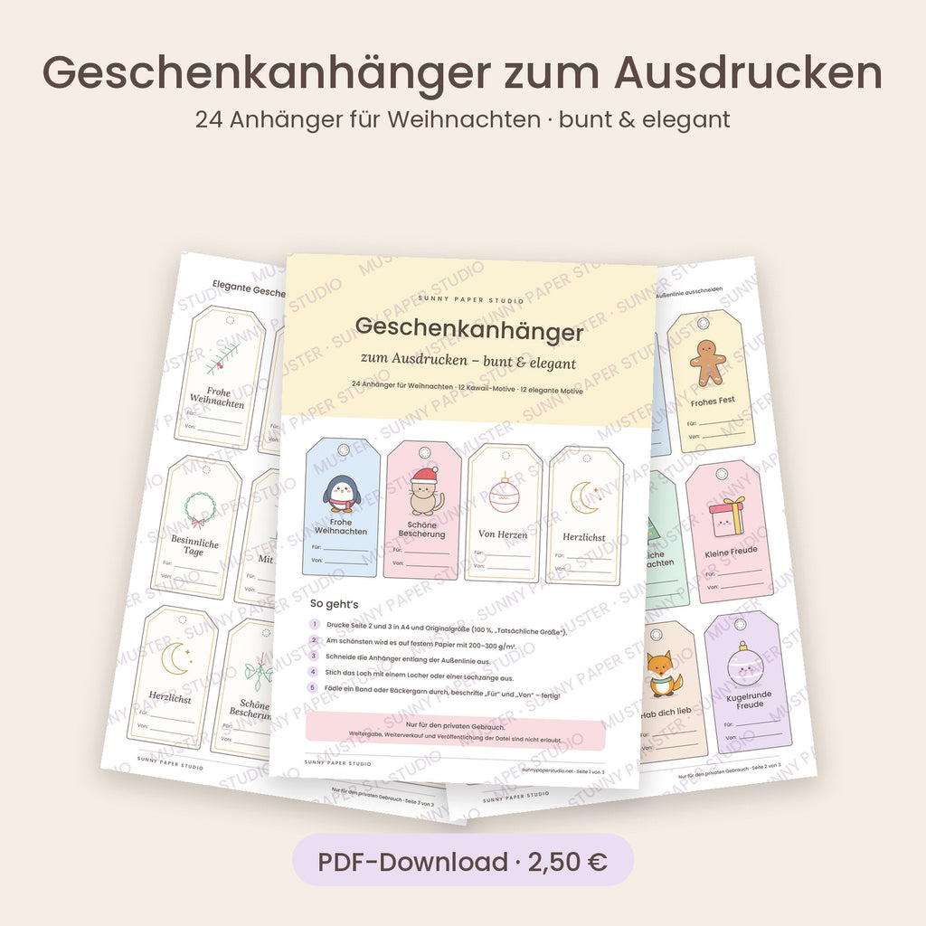 Geschenkanhänger zum Ausdrucken – 3 PDF-Seiten mit 24 Weihnachtsanhängern, bunt und elegant
