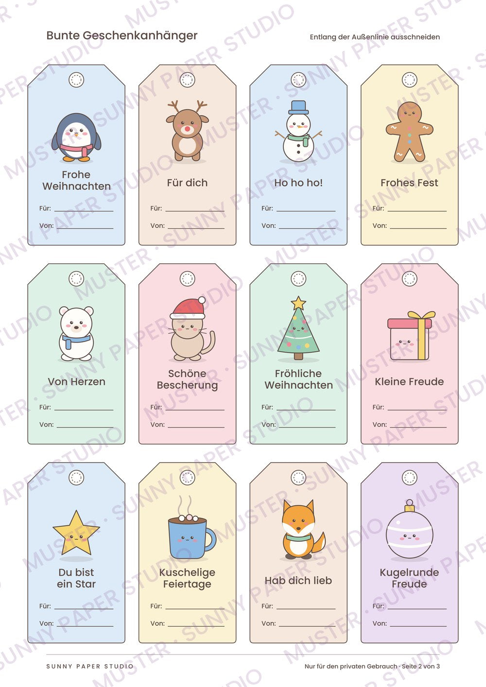 Vorschau: 12 bunte Kawaii-Geschenkanhänger mit Pinguin, Rentier, Schneemann und Fuchs