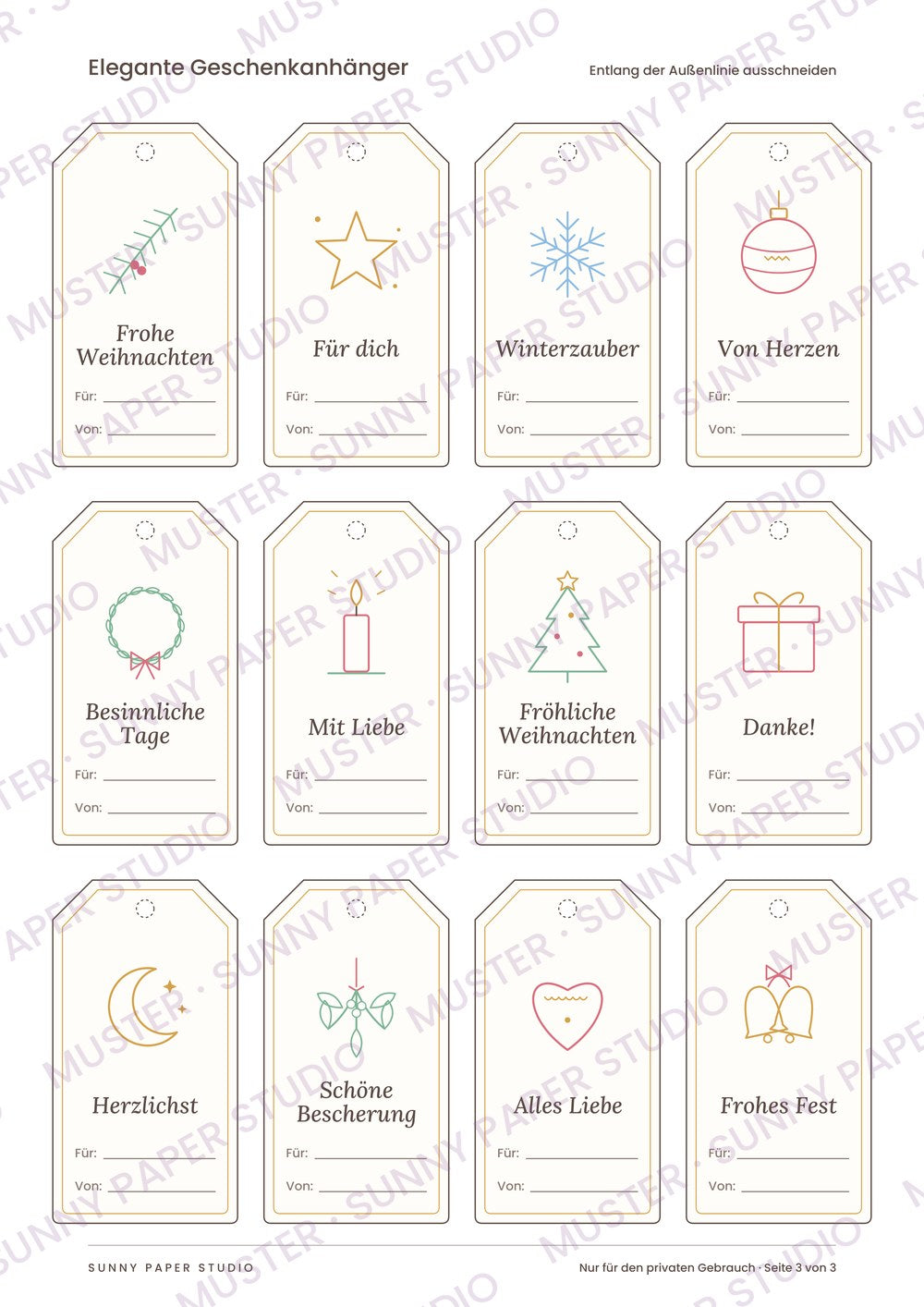 Vorschau: 12 elegante Geschenkanhänger in Linienoptik mit Tannenzweig, Stern und Kranz
